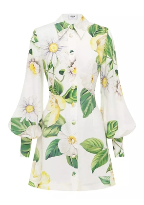 Leo Lin balloon-sleeve floral-print mini shirt dress - White