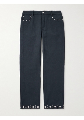 Valentino Garavani - Straight-Leg Embellished Linen and Cotton-Blend Trousers - Men - Blue - IT 46