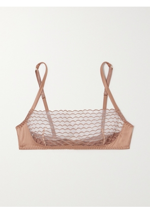 COCO DE MER - Talia Satin-trimmed Embroidered Tulle Soft-cup Bra - Brown - x small,small,medium,large,x large