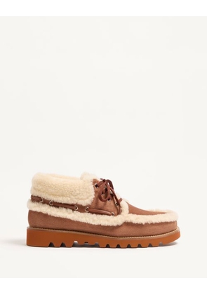Valentino Garavani Palm Avenue Ankle Boot In Crust Leather And Wool Man TOBACCO/NATURAL 40