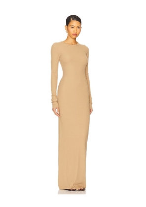 Eterne Long Sleeve Crewneck Maxi Dress in Taupe. Size L. Also in M, S, XS.