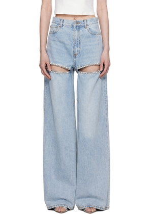 AREA Blue Wide Leg Crystal Slit Jeans