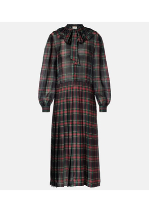 Saint Laurent Checked pleated silk charmeuse midi dress