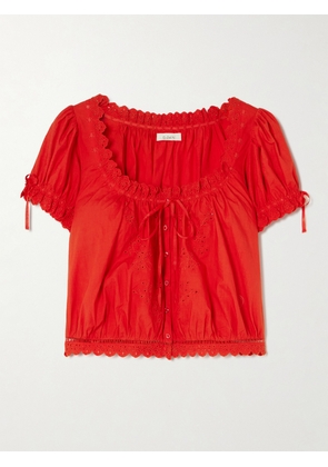 DÔEN - Nera Broderie Anglaise Organic Cotton-voile Top - Red - xx small,x small,small,medium,large,x large