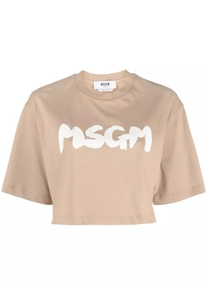 MSGM cropped logo-print cotton T-shirt - Brown
