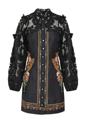 Camilla lace-sleeve floral print mini dress - Black