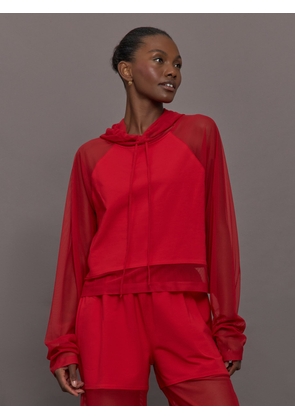 Norma Kamali Oversized Raglan Sleeve Hooded Cropped Top W/ Mesh - Tiger Red - Size L