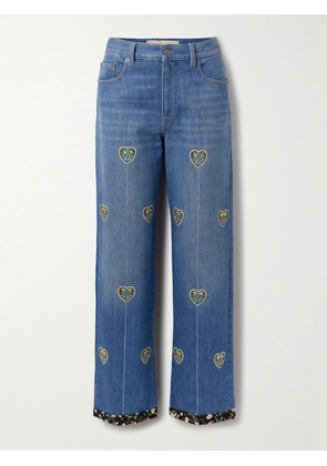 Valentino Garavani - Embroidered Embellished High-rise Straight-leg Jeans - Blue - 24,25,26,27,28,29,30,31