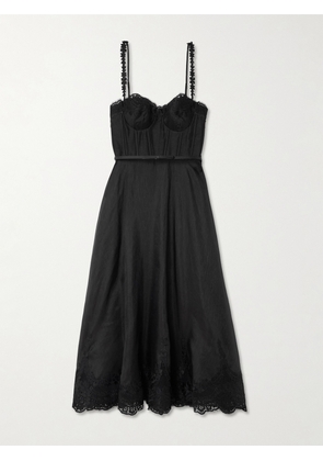 Zimmermann - Hypnotic Picnic Belted Lace-trimmed Linen And Silk-blend Midi Dress - Black - 00,0,1,2,3,4