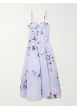 Zimmermann - Hypnotic Picnic Belted Appliquéd Floral-print Linen And Silk-blend Midi Dress - Purple - 0,1,2,3,4