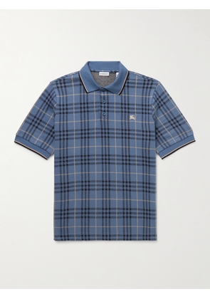 Burberry - Logo-Embroidered Checked Jacquard-Knit Cotton Polo Shirt - Men - Blue - S