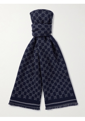 Gucci - Fringed Logo-Jacquard NATIVA™ Regenerative Wool Scarf - Men - Blue