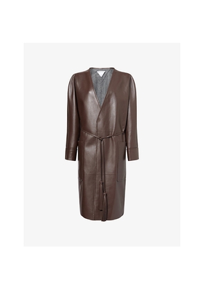 Womens Bottega Veneta Belted V-Neck Leather Coat