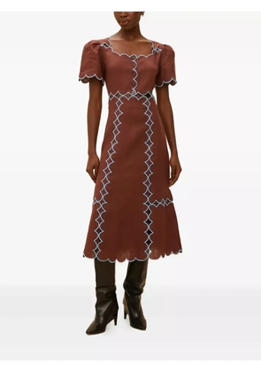FARM Rio scalloped-trim linen midi dress - Brown