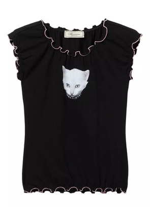 Blumarine cat-print ruffled T-shirt - Black