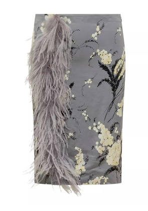 DES PHEMMES feather-trimmed floral midi skirt - Grey