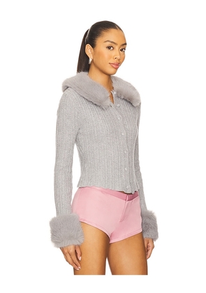 GUIZIO x REVOLVE Heart Faux Fur Knit Cardigan in Grey. Size L. Also in M, S, XS.