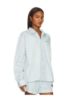 Museum of Peace and Quiet Wordmark Button Up Shirt in Baby Blue. Size S. Also in L.