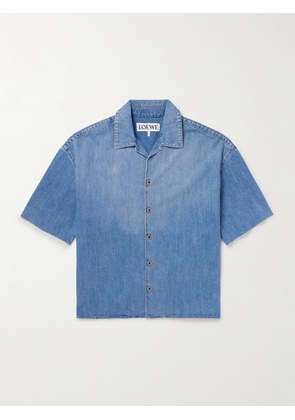 LOEWE - Camp-Collar Cutout Frayed Denim Shirt - Men - Blue - IT 44
