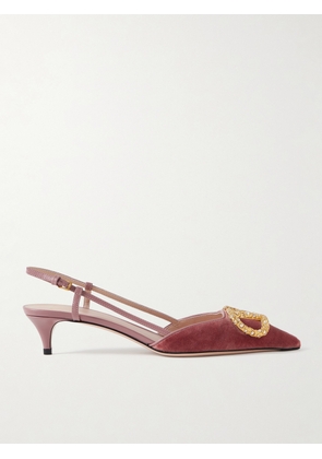 Valentino Garavani - Vlogo 50 Leather-trimmed Embellished Velvet Slingback Pumps - Pink - IT36,IT36.5,IT37,IT37.5,IT38,IT38.5,IT39,IT39.5,IT40,IT40.5,IT41,IT41.5,IT42