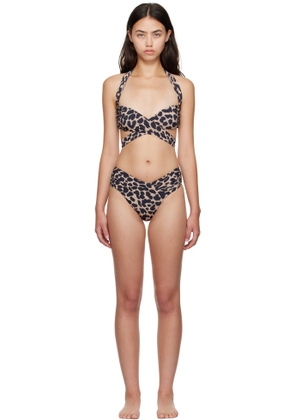 Balmain Beige & Black Leopard Draped Bandeau Bikini