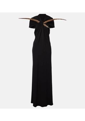 Loewe Cutout feather-trimmed jersey maxi dress