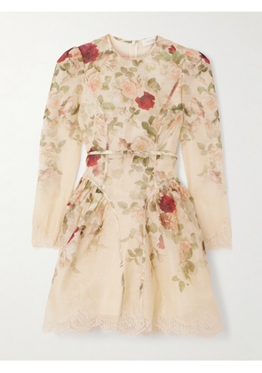 Zimmermann - Lace-trimmed Floral-print Linen And Silk-blend Mini Dress - Cream - 00,0,1,2,3,4