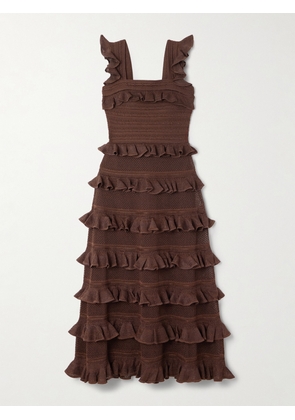 Zimmermann - Ruffled Tiered Pointelle-knit Midi Dress - Brown - 00,0,1,2,3,4