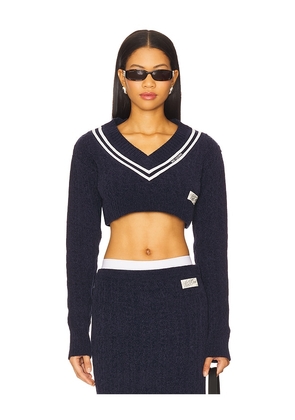 WE11DONE Cable Cropped Sweater in Navy. Size L. Also in M, S.