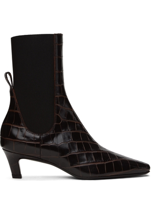 TOTEME Brown Croco-Embossed Mid-Heel Boots