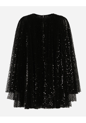 Dolce & Gabbana Short Pleated Dress With Full Sequined Sleeves - Woman Dresses Black Tulle 36