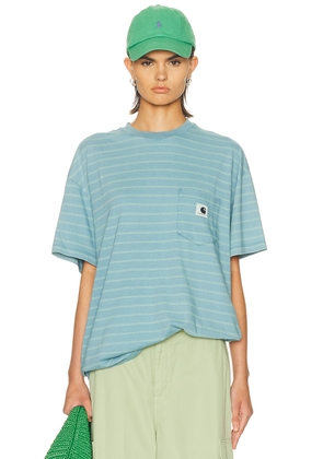 Carhartt WIP Brodina T-shirt in Stripes & Saguaro - Blue. Size L (also in M, S, XS).