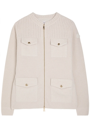 Moncler Logo Ribbed Wool and Shell Cardigan - Natural - S (UK 10 / S)