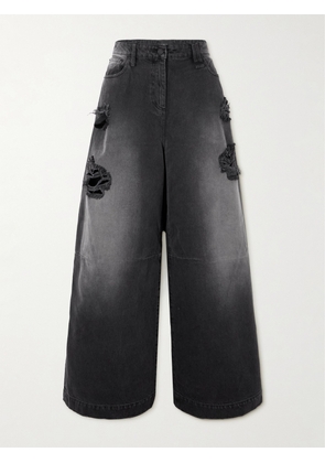 Simone Rocha - Crystal-embellished Distressed Wide-leg Jeans - Black - UK 4,UK 6,UK 8,UK 10,UK 12,UK 14