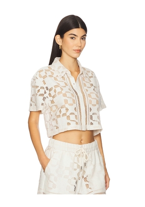 SIMKHAI Makaia Cropped Short Sleeve Button Down Shirt in Ivory. Size S. Also in L, XS.