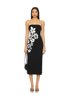 MILLY Placed Floral Strapless Knit Midi Dress in Black. Size L. Also in M, S.