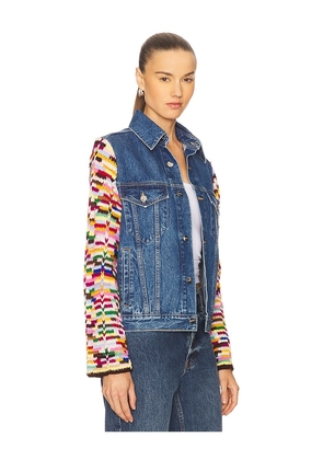 Monse Crochet Sleeves Denim Jacket in Blue. Size 0/XS. Also in 2/S, 4/M, 6/L.