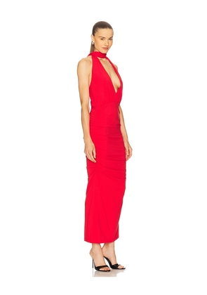 Rowen Rose Plunge Maxi Dress in Red. Size 34/0. Also in 36/2, 38/4, 40/6, 42/8.