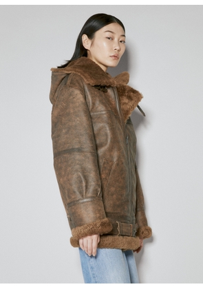 Saint Laurent Hooded Leather Aviator Jacket - Woman Jackets Brown Fr - 34