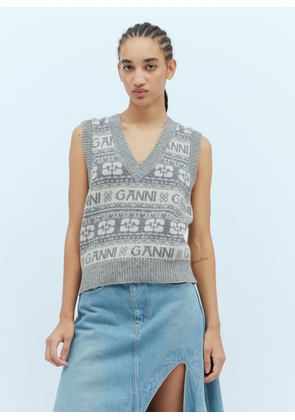 GANNI Intarsia Logo Sweater Vest - Woman Knitwear Grey L