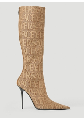Versace Logo Jacquard High Heeled Boots - Woman Boots Beige Eu - 38
