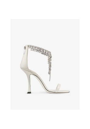Womens Jimmy Choo Verity 100 Crystal-Embellished Patent-Leather Heeled Sandals