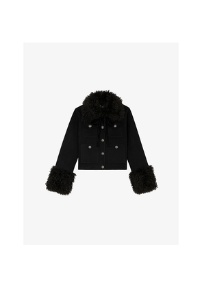 Womens The Kooples Sherpa-Collar Patch-Pocket Wool-Blend Jacket