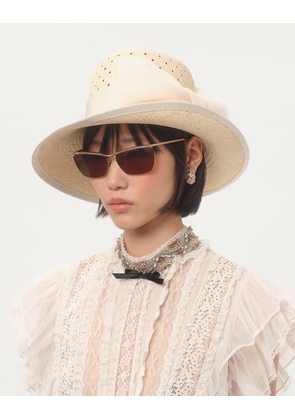 Valentino Garavani Vlogo Signature Hat In Perforated Panama With Organza Bow Woman NATURAL 55