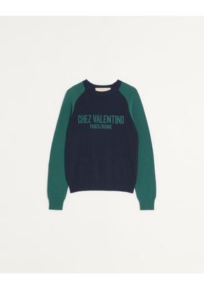 Valentino Wool And Cotton Jumper With Chez Valentino Jacquard Pattern Man BLUE/GREEN 3XL