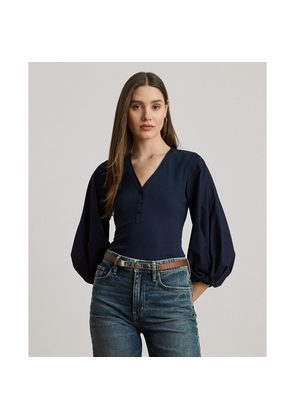 Rib-Knit Balloon-Sleeve Henley Top