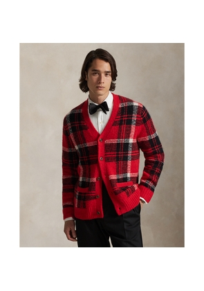 Suede-Patch Plaid Wool-Blend Cardigan