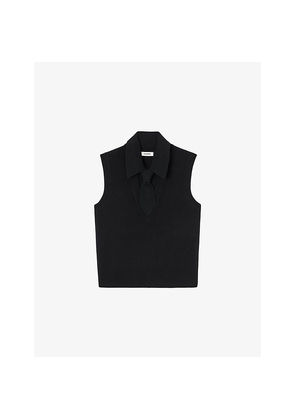 Womens Sandro Tie-Neck Sleeveless Stretch Wool-Blend Jumper