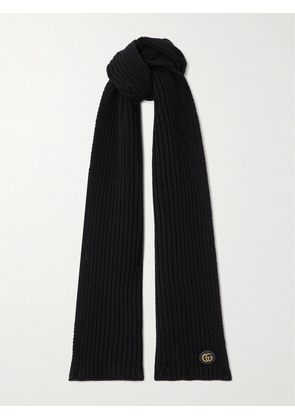 Gucci - Embellished Leather-trimmed Ribbed Wool And Cashmere-blend Scarf - Black - One size