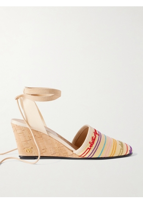 Valentino Garavani - La Cruisette 75 Tasseled Embroidered Canvas Wedge Sandals - Neutrals - IT35,IT36,IT37,IT38,IT39,IT40,IT41,IT42